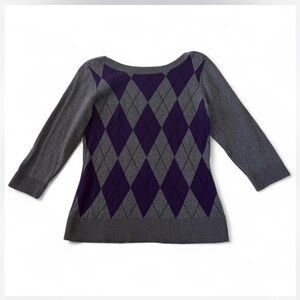 AB Studio Y2K Dark Academia Purple & Grey Argyle Boat Neck Sweater Size Large